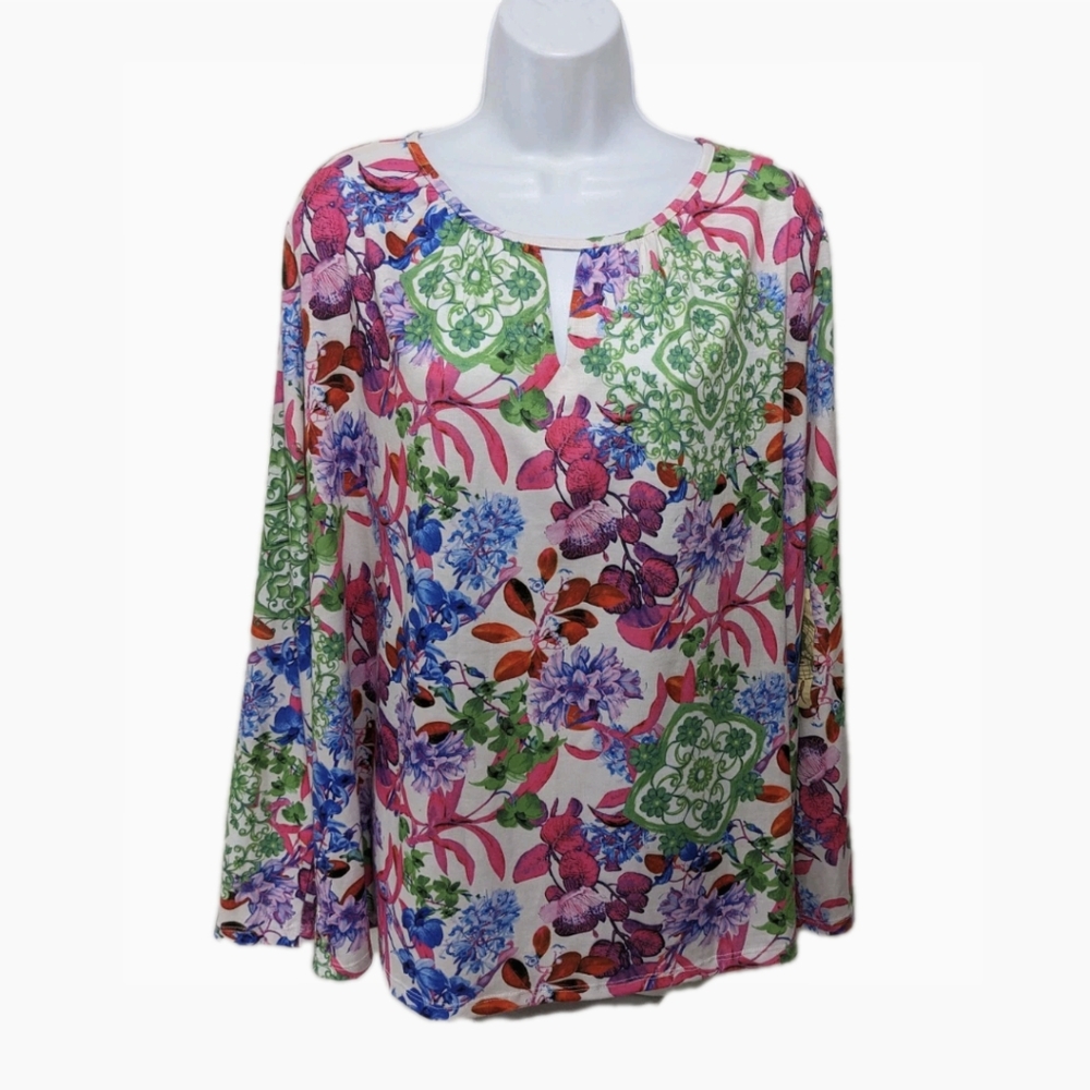 NWT One World Long Sleeve Blouse Top 2X Tunic Bohemian #2140